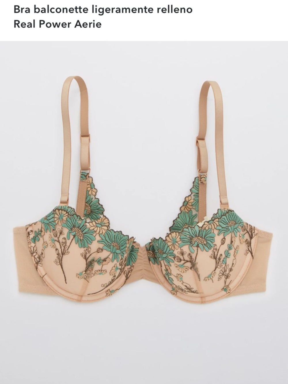 aerie Balconette Bra in Nude with Teal Floral Embroidery